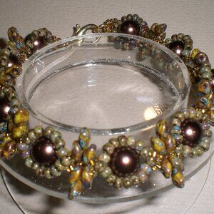 Hand Beaded Chocolate Pearl/Seed Bead Sunflower Bracelet